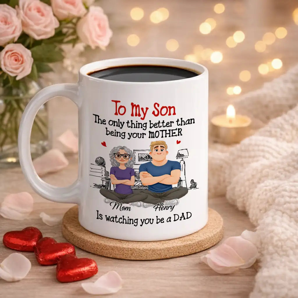 Personalized Ceramic Mug for Son, Custom Cute Mom and Son Illustration, Daily Coffee Gift That Hits the Heart