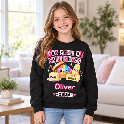 Personalized Squishies Sweatshirt with Custom Name & Year, Cute Kawaii Food Characters, Pink Coquette Collage Style Gift