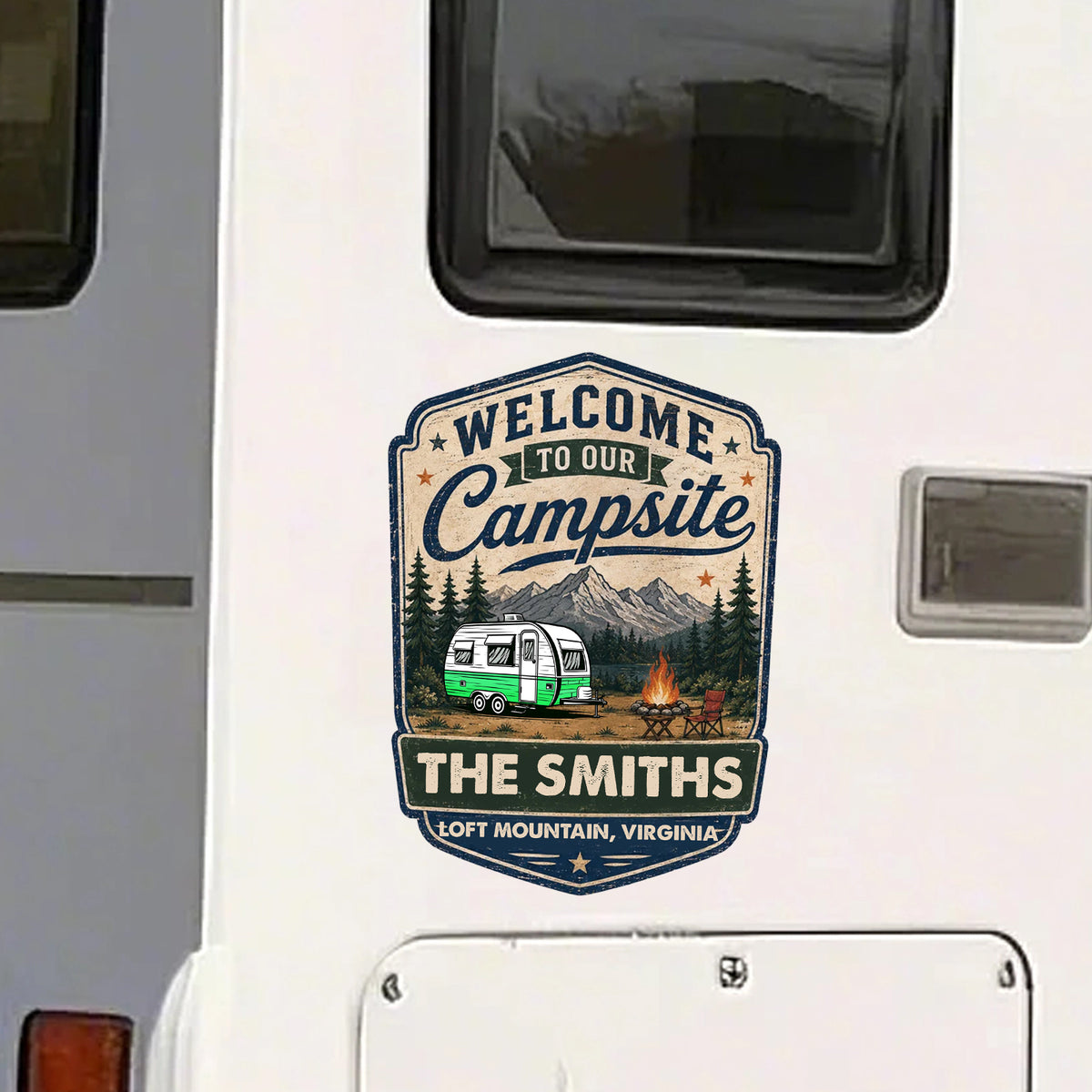 Personalized Campsite Sticker Decal, Vintage Camper & Mountain Scene, Unique Gift for Campers