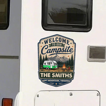 Personalized Campsite Sticker Decal, Vintage Camper & Mountain Scene, Unique Gift for Campers