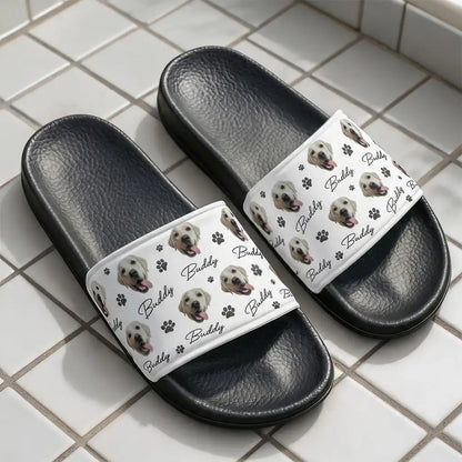 Custom Men's Leather Slide Sandals With Dog Portrait & Paw Print Pattern, Creative Gift For Pet Lovers