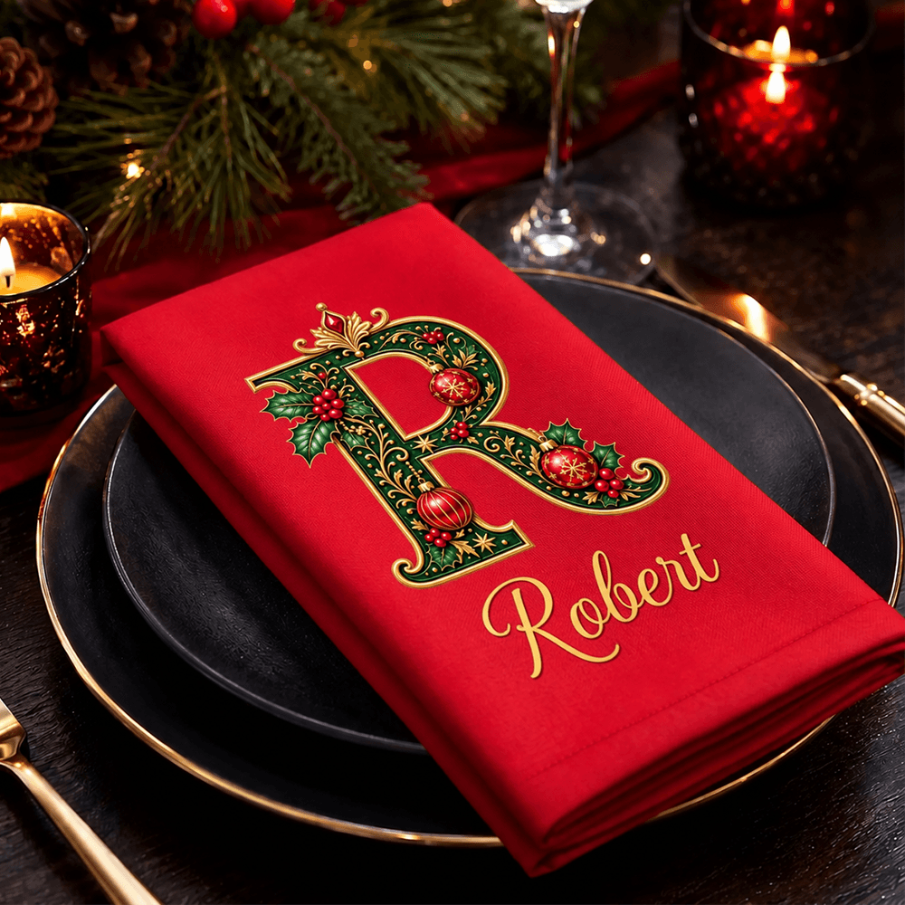 Personalized Reusable Cotton Napkin, Ornate Festive Initial Design for Family Table, Unique Christmas Gift