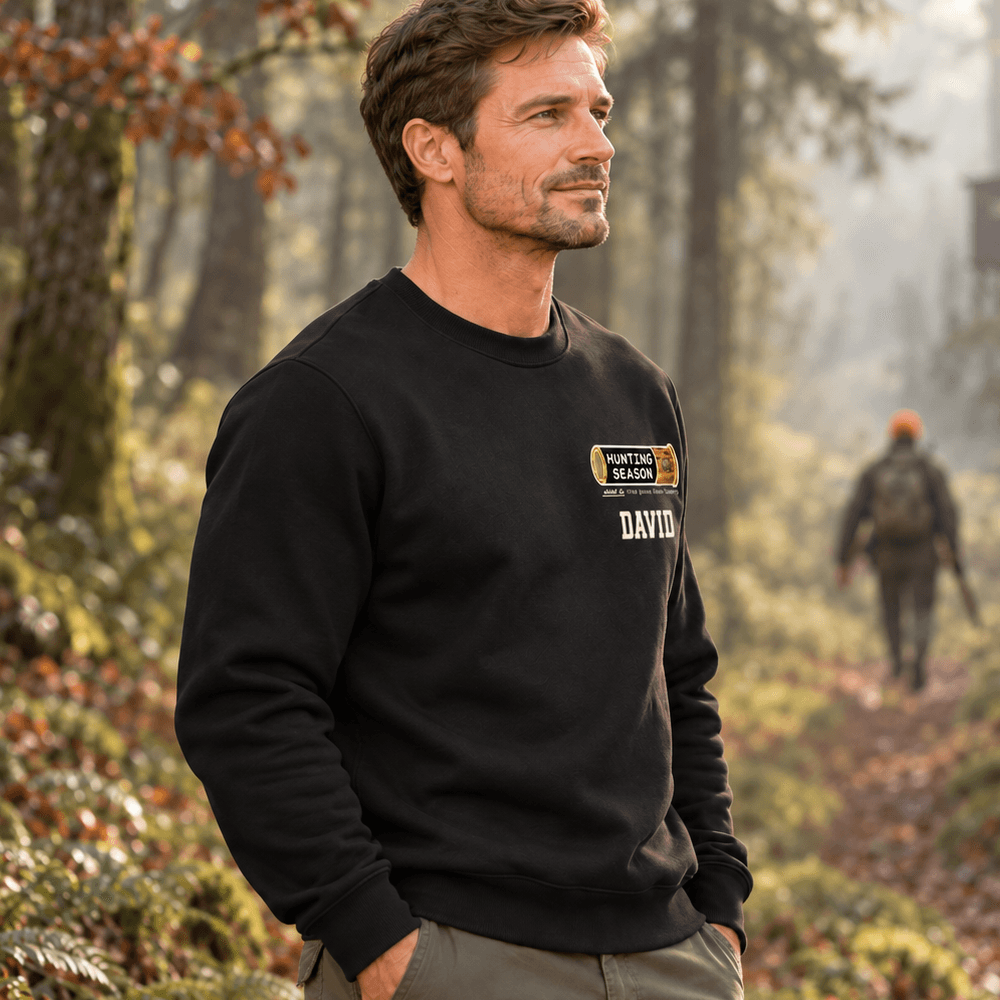 Personalized Dual Print Sweatshirt with Hunting Season Wildlife Art, Unique Gift for Hunters