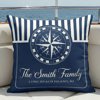 Navy Coastal Square Pillow, Personalized Family Name Boat Style Accent, Crisp Nautical Look, Unique Gift for Beach House