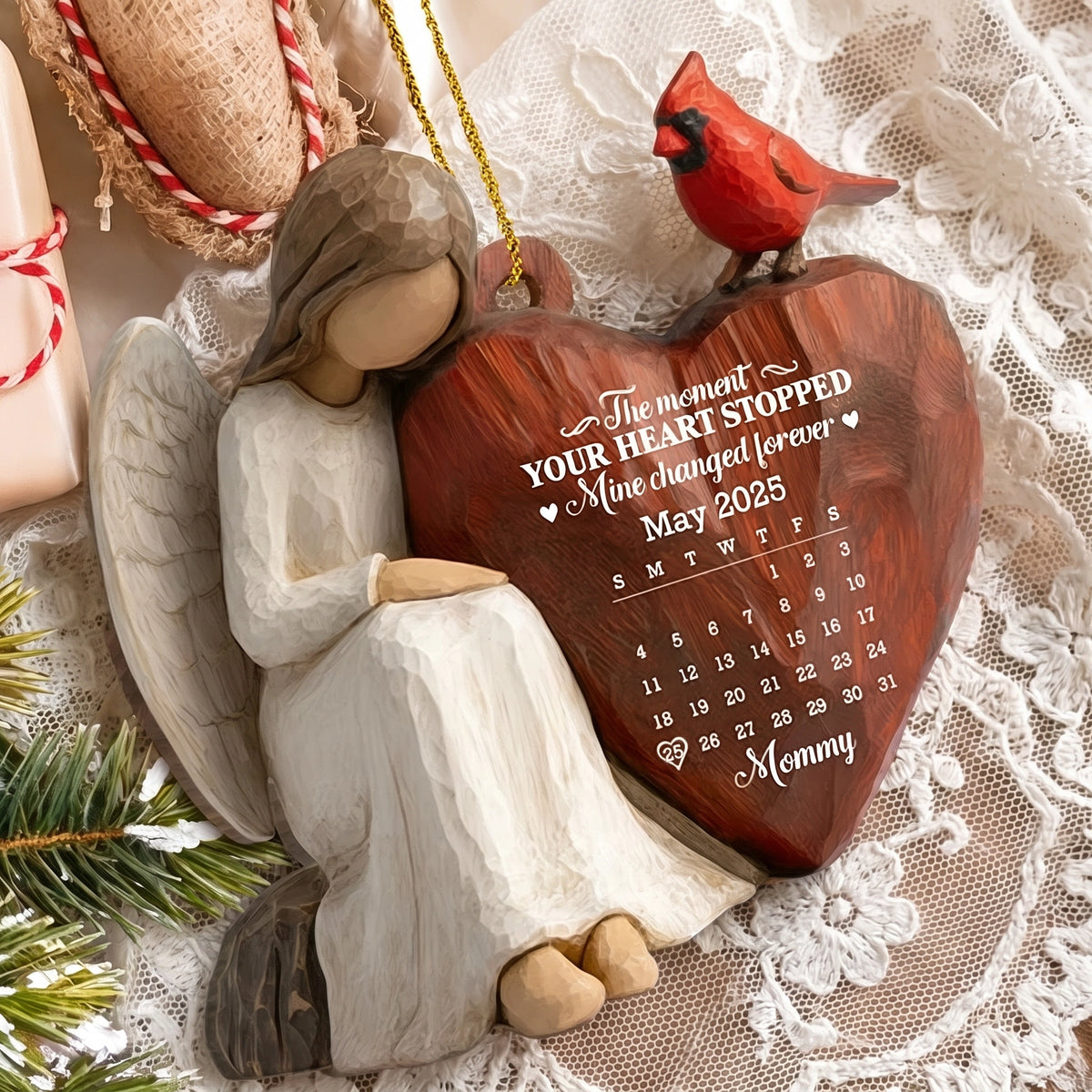 Custom Wooden Ornament, Cardinal & Angel Remembrance Decor, Unique Memorial Gift for Loved One