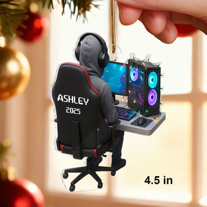 Personalized Gamer Acrylic Ornament, Hoodie & Headset Desk Setup with RGB PC Lights, Unique Gift for Gamers