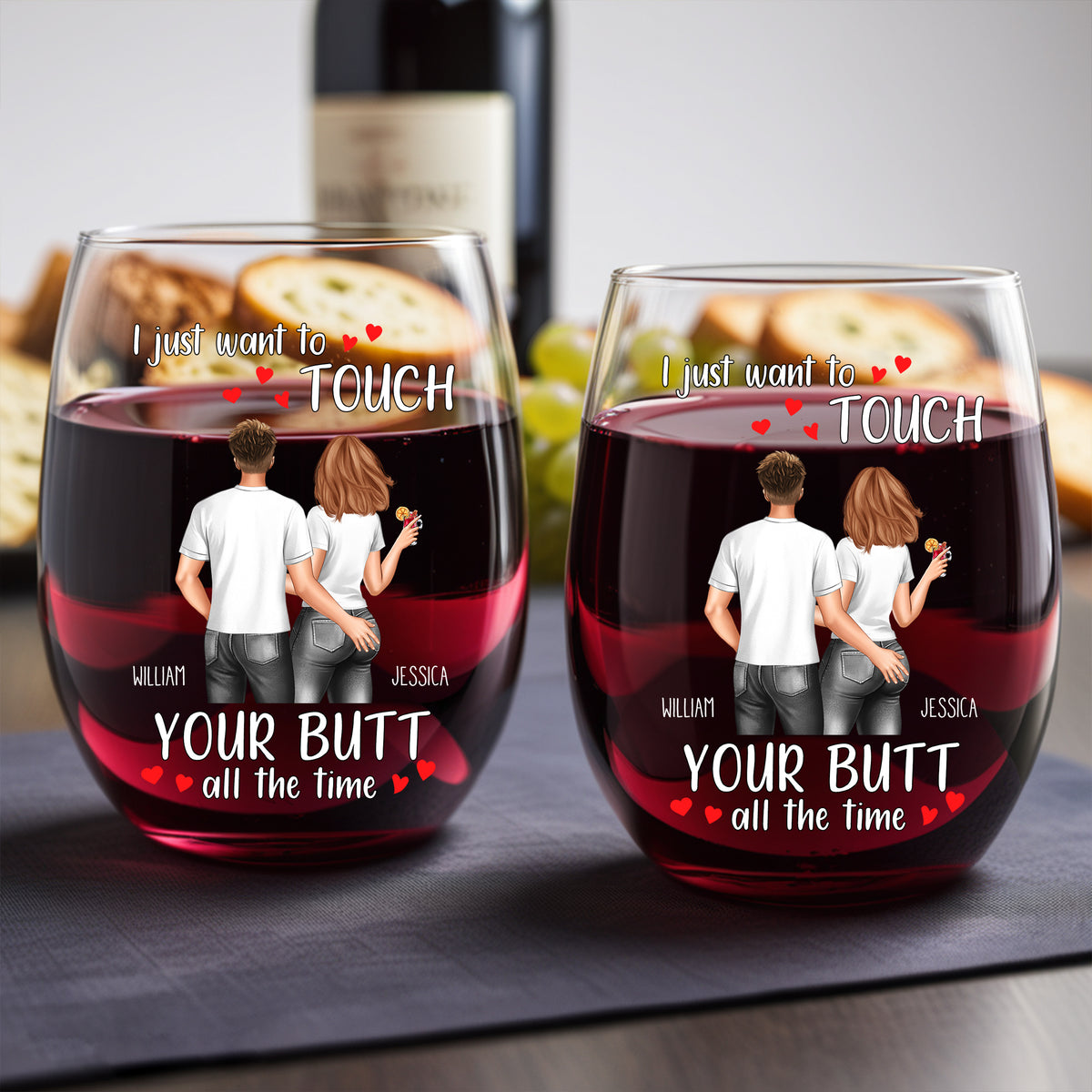 Personalized Valentine's Day Wine Glass - "I Just Want to Touch Your Butt" Funny Gift for Couples