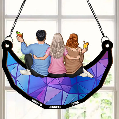 Personalized Friends Sitting On The Moon Ornament – Back View Hanging Suncatcher Gift for Friends, Sisters, or Siblings