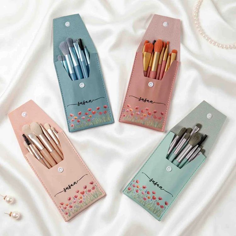 Leather Makeup Brush Set, Personalized Teal Floral Keepsake, Creative Gift for Wife, Daughter or Friend