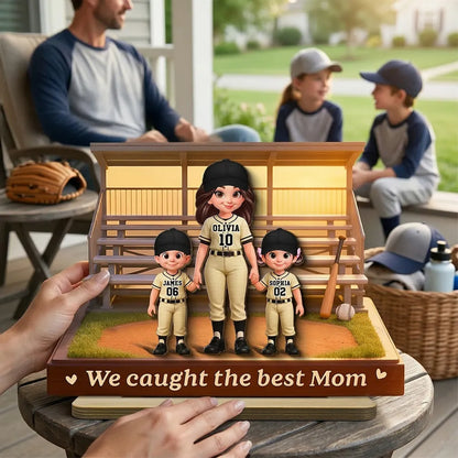 Personalized 2-Layer Wooden Plaque Baseball Bleachers Mom Holding Kids' Hands We Caught The Best Mom Unique Gift