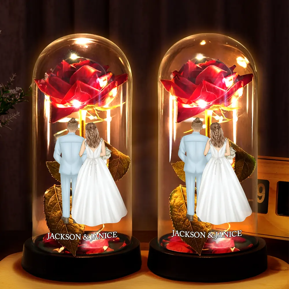 Lighted Eternal Rose Dome with Glowing Red Rose and Couple Back View, Sweet Romantic Decor, Unique Gift for Wife or Husband