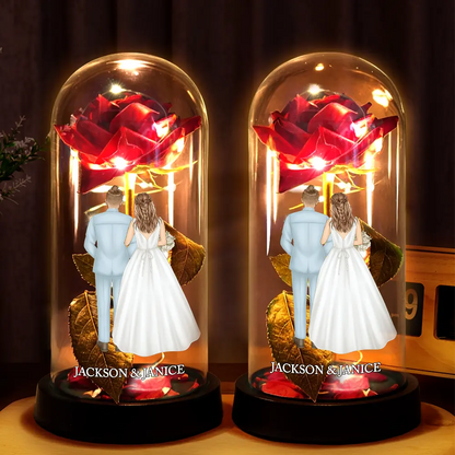 Lighted Eternal Rose Dome with Glowing Red Rose and Couple Back View, Sweet Romantic Decor, Unique Gift for Wife or Husband