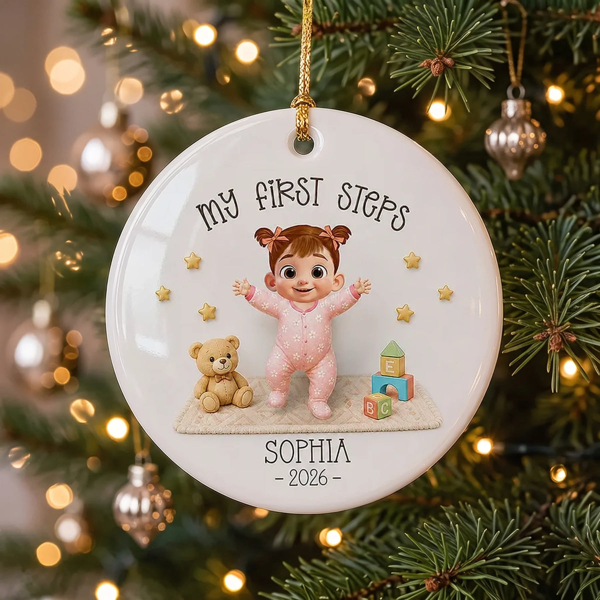Personalized Ceramic Ornament, Baby Taking First Steps in Pastel Cartoon Style, Unique Christmas Gift for Parents