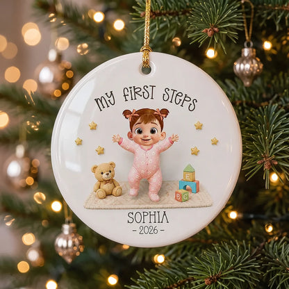 Personalized Ceramic Ornament, Baby Taking First Steps in Pastel Cartoon Style, Unique Christmas Gift for Parents