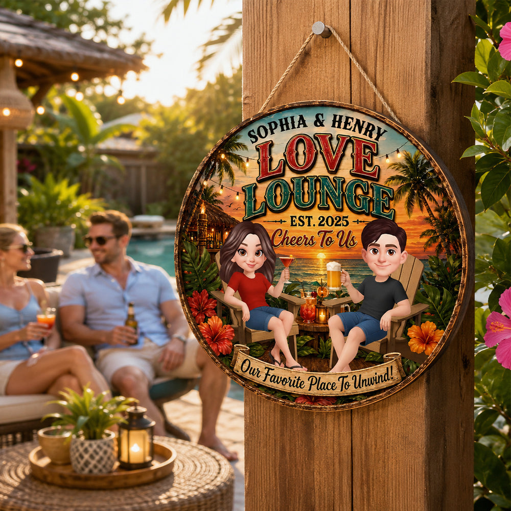 Personalized Wooden Sign, Couple Holding Drinks at Sunset Lounge, Unique Gift for Partners