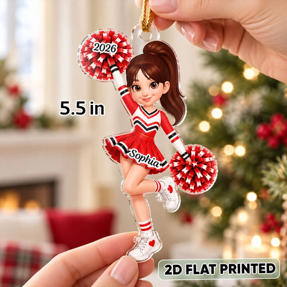 Personalized Acrylic Ornament, Colorful Cheerleader Raising Pom-Poms, Creative Gift for Daughter or Granddaughter
