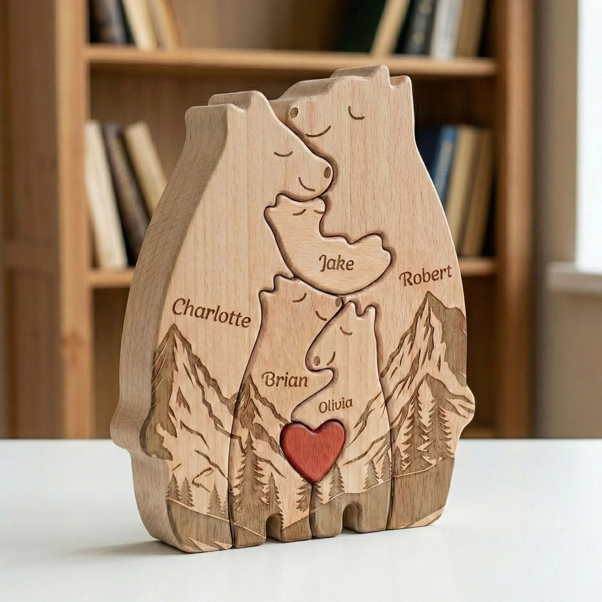 Personalized Wooden Bear Family Puzzle With Mountain Scene, Unique Father's Day Gift For Dad, Heartwarming Keepsake Decor