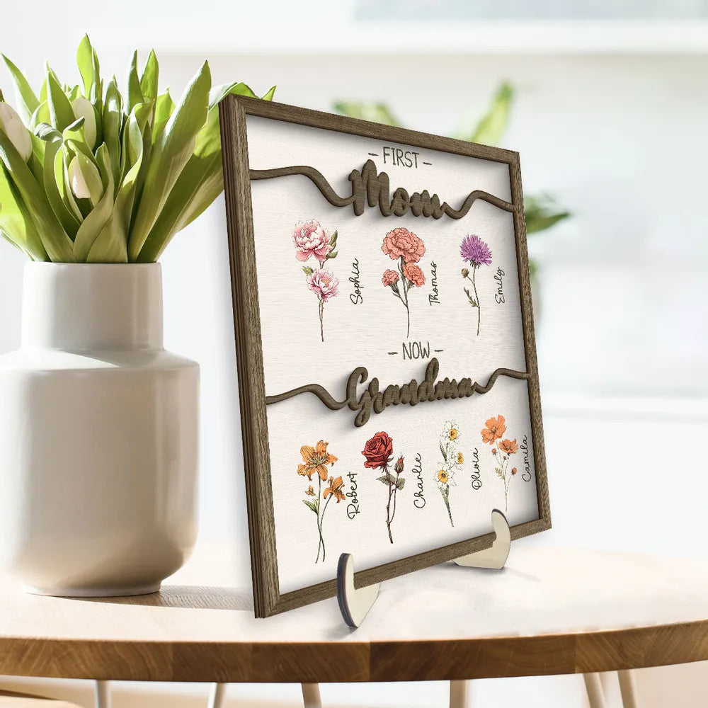 Personalized 2-Layer Wooden Plaque First Mom Now Grandma Floral Keepsake for Grandma - Unique Family Gift