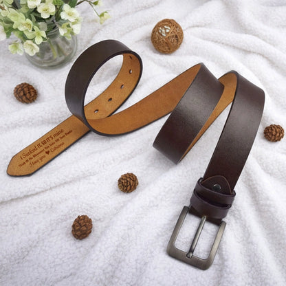 Personalized Leather Belt with Flirty Printed Message, Classic Brown Style, Unique Gift for Him or Your Partner