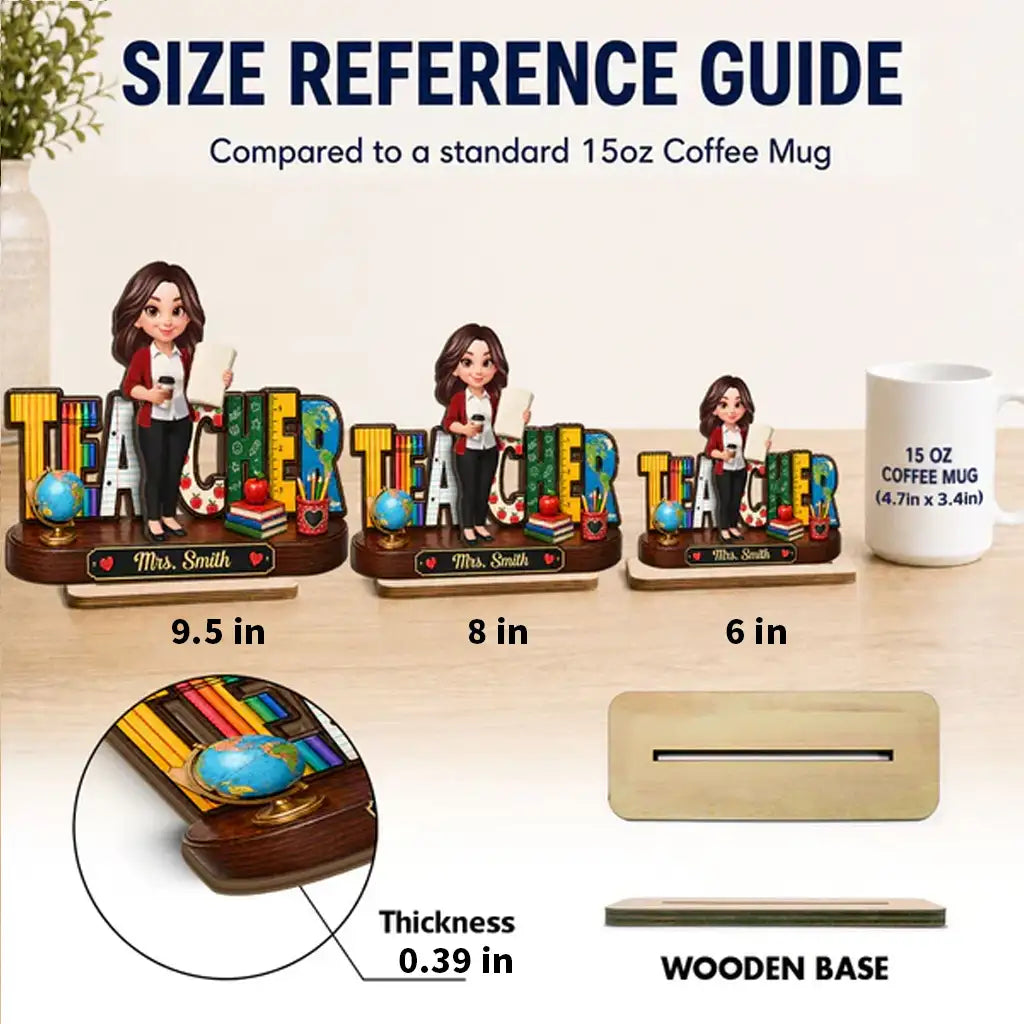 Personalized 2-Layer Wooden Plaque, Standing Cartoon Teacher with School Supplies, Unique Gift for Teacher
