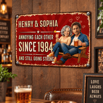 Personalized Couple Iron Sign, Retro Americana Bar Style, Custom Photos, Names & Year, Funny Anniversary Gift