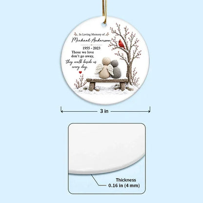 Personalized Ceramic Ornament with Angels on a Snowy Bench and Cardinal, Unique Memorial Gift for Family