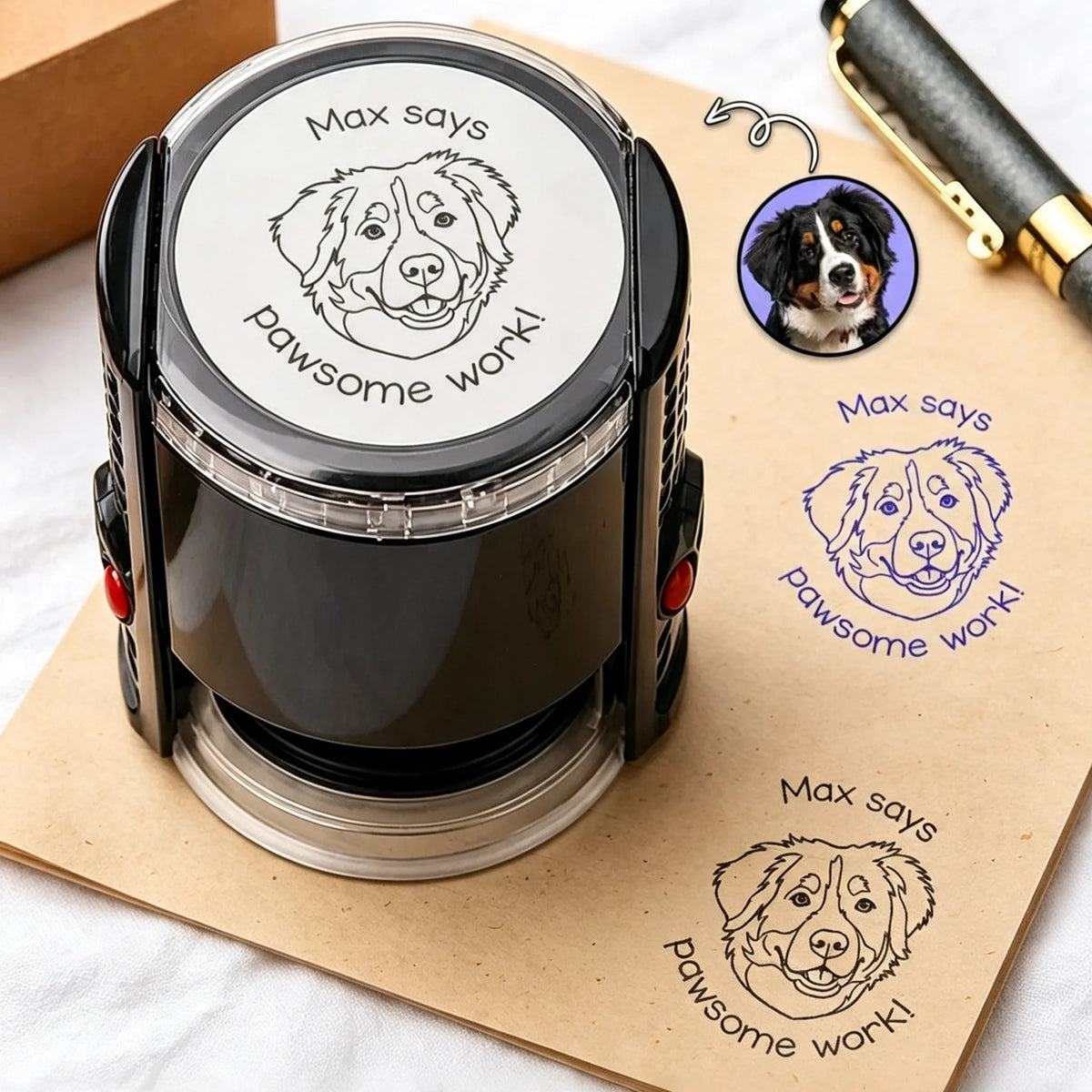 Round Self-Inking Stamp with Pawsome Work Pet Sketch, Creative Gift for Teachers & Dog Lovers