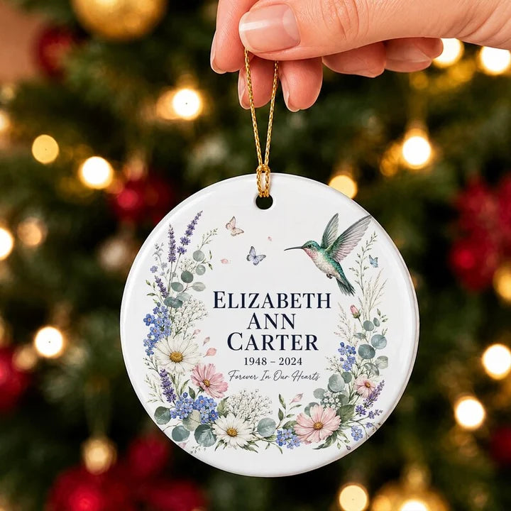 Personalized Memorial Ornament, Forever In Our Hearts Floral Keepsake, Custom Christmas Tree Decoration Gift for Loved Ones