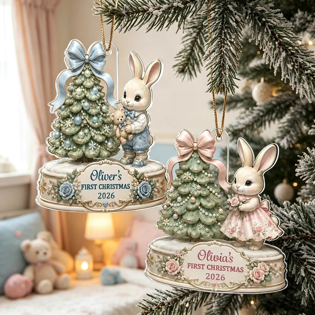 Personalized Acrylic Ornament, Bunny Holding a Teddy by a Christmas Tree, Unique Newborn Gift