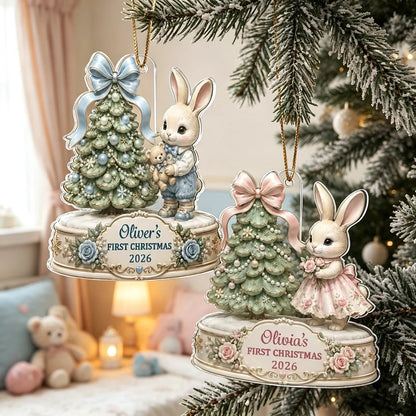 Personalized Acrylic Ornament, Bunny Holding a Teddy by a Christmas Tree, Unique Newborn Gift