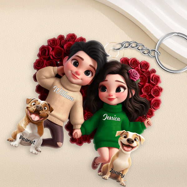 Personalized Acrylic Keychain – Cute Cartoon Couple with Their Dog, Holding Hands Surrounded by Roses, Custom Love Keepsake for Couples, Families or Dog Loves