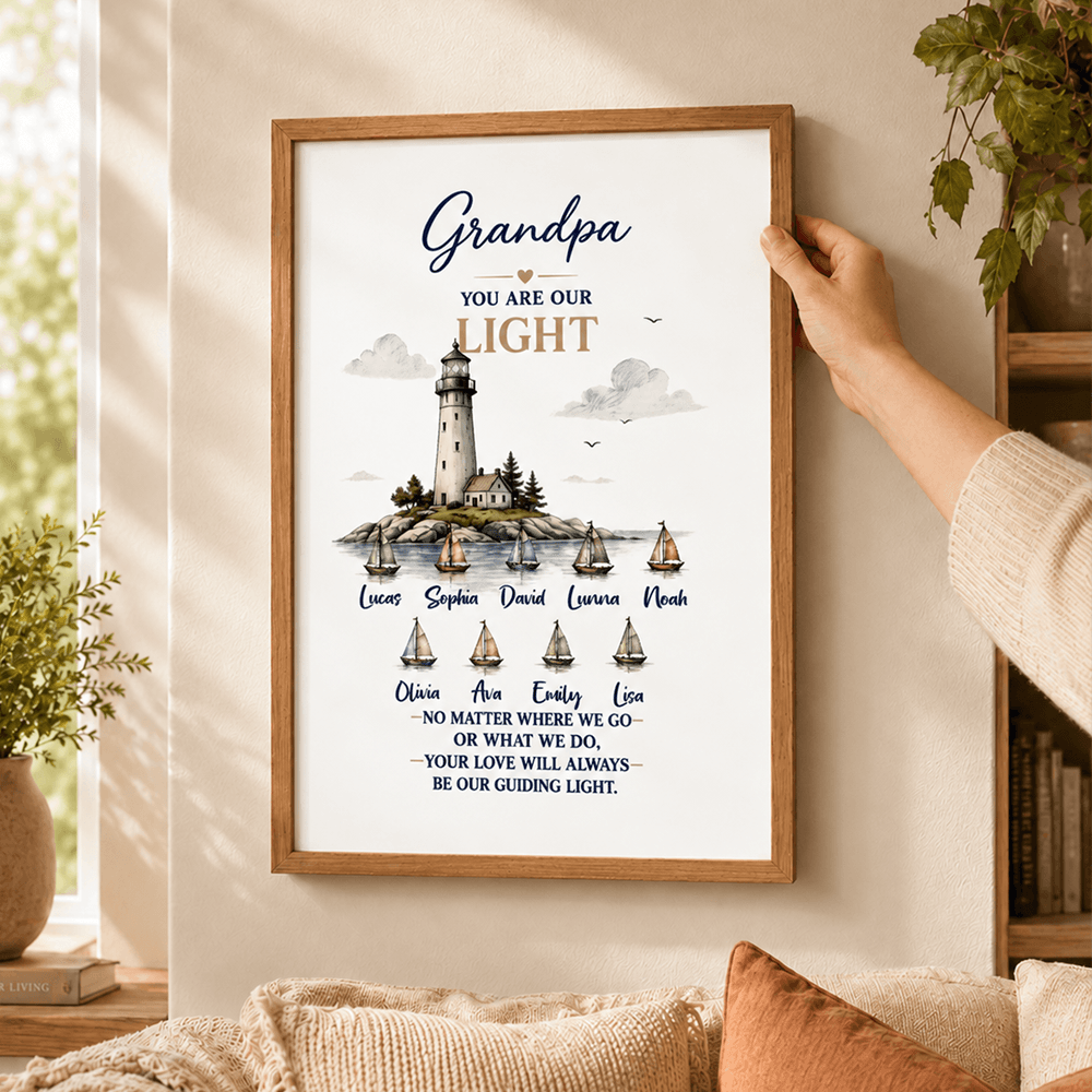 Personalized Grandpa Lighthouse Gift with Grandkids' Names, Custom Poster, Canvas, Shirt, Keychain, Blanket & More