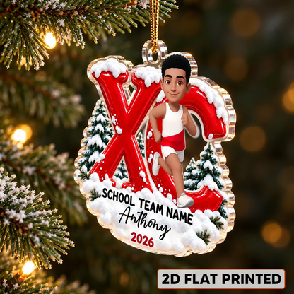 Acrylic Ornament, Cartoon Runner with Red XC Design & Snowy Pines, Creative Holiday Gift for Running Enthusiasts