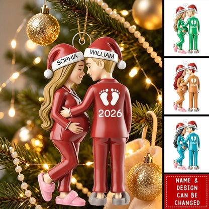 Personalized Acrylic Ornament With Baby Bump Couple in Santa Hats, Unique Gift for Parents to Be