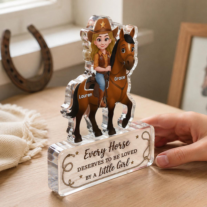 Personalized Shaped Acrylic Block Plaque, Cartoon Cowgirl Riding a Horse, Unique Gift for Horse Lovers