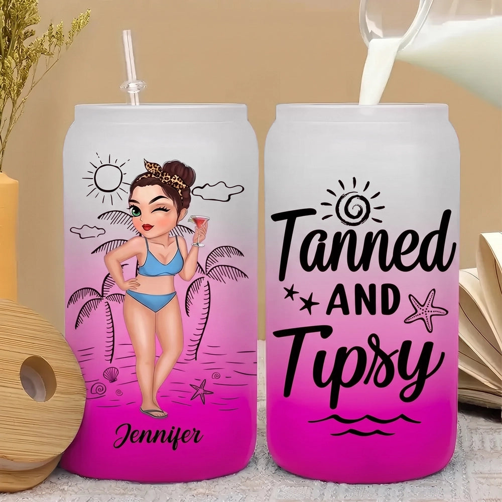 Personalized Frosted Ombre Glass Can, Tanned and Tipsy Beach Woman Holding Cocktail, Unique Gift for Her