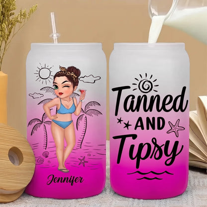 Personalized Frosted Ombre Glass Can, Tanned and Tipsy Beach Woman Holding Cocktail, Unique Gift for Her