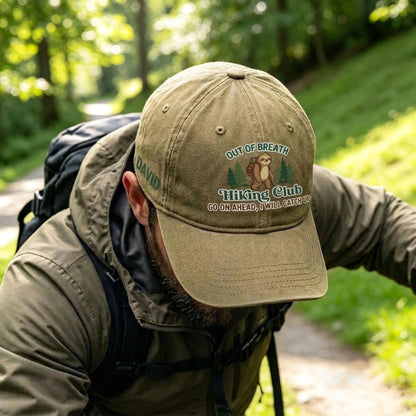 Personalized Washed Denim Baseball Cap, Out Of Breath Hiking Club Sloth, Unique Gift for Hikers