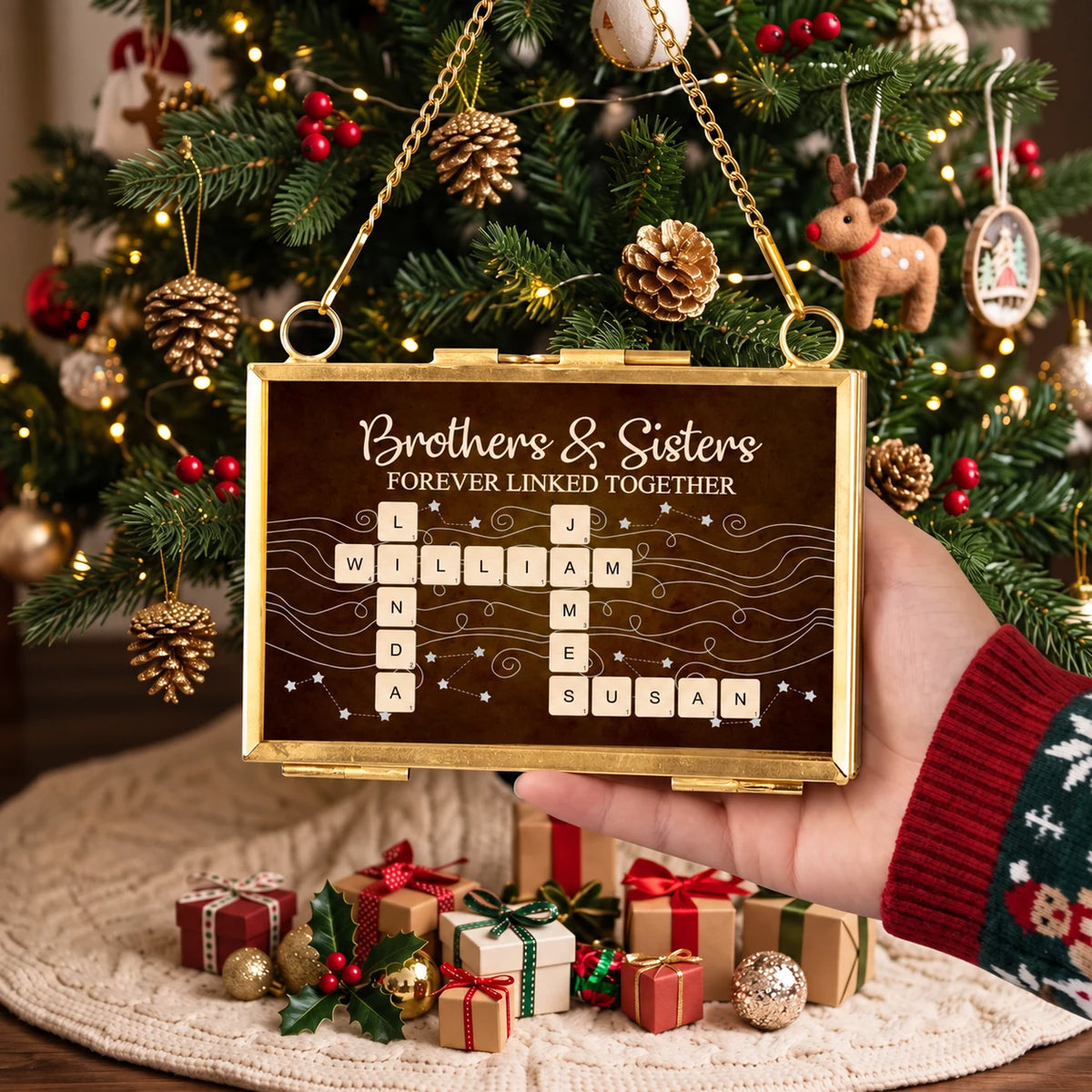 Personalized Brothers & Sisters Crossword Hanging Frame Ornament, Forever Linked Together Family Gift