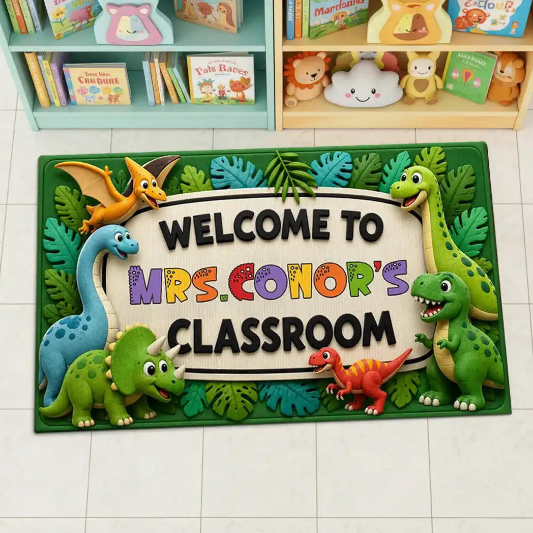 Personalized Standard Doormat with Safari Dinosaurs, Unique Teacher Gift for Classroom Entry