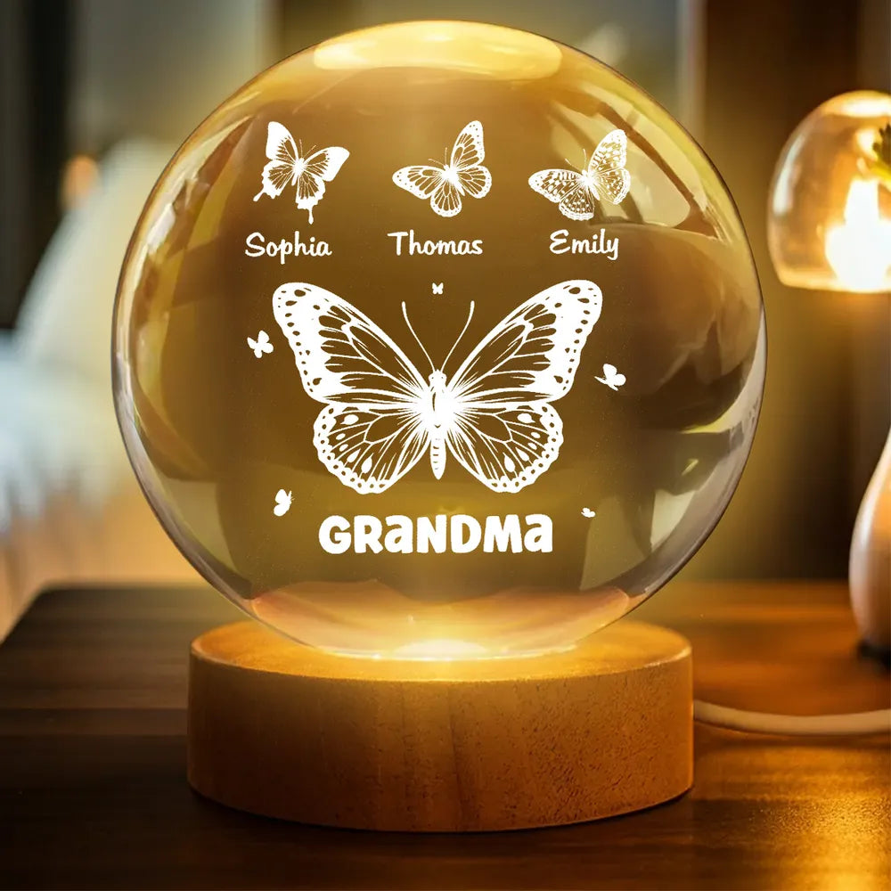 Butterfly Glow Globe Lamp Personalized for Grandma, Cozy Bedside Decor, Thoughtful Unique Gift from Grandkids