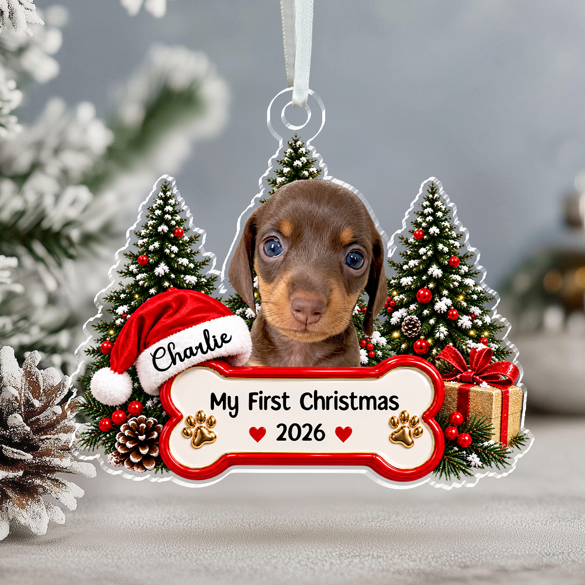 Custom Pet Photo Acrylic Ornament, Snowy Christmas Tree Scene, Unique Gift for Pet Parents
