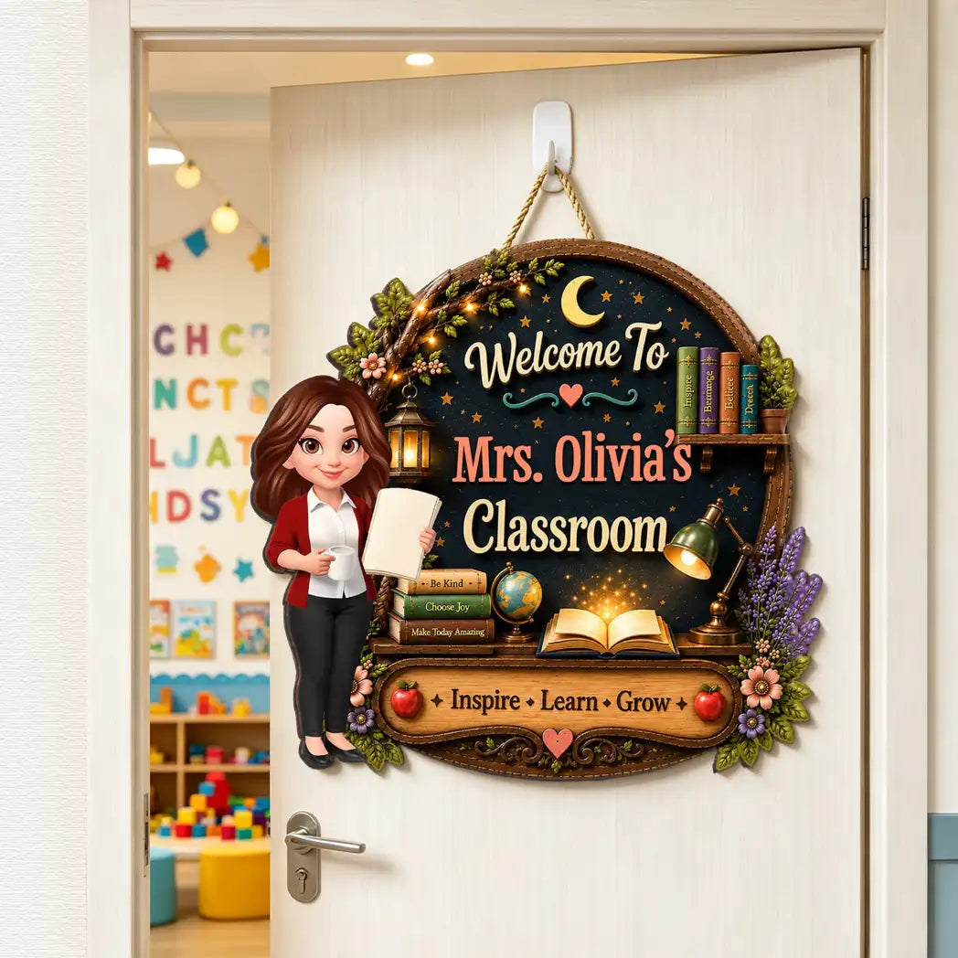 Personalized Wooden Sign with Cute Teacher Illustration, Inspire Learn ...