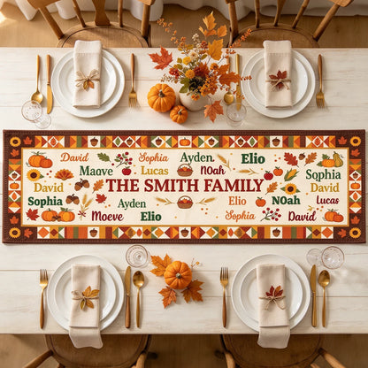 Custom Family Table Runner with Names, Rustic Fall Pumpkin and Sunflower Design, Thanksgiving Dining Table Decor Gift