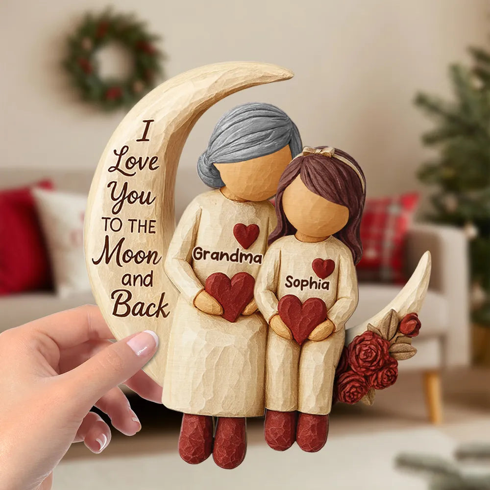 Personalized 2-Layer Wooden Plaque Grandma Grandpa and Grandchild on Moon We Love You to the Moon and Back Unique Gift