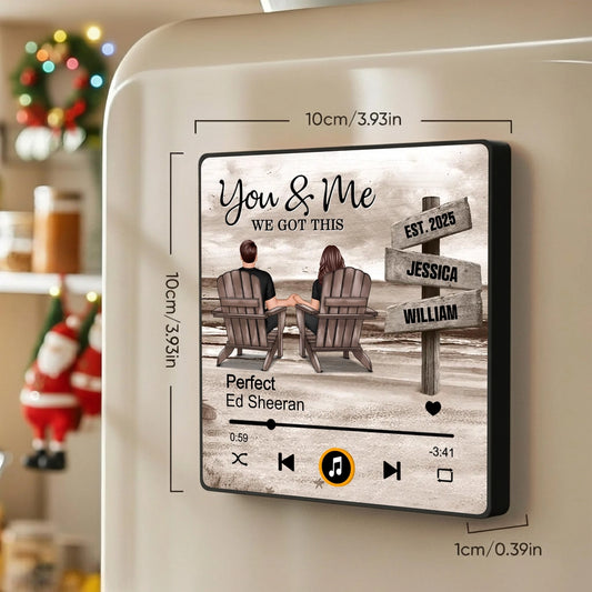 Acrylic music magnet with coastal couple illustration, customizable design, warm décor vibe, perfect gift for partners