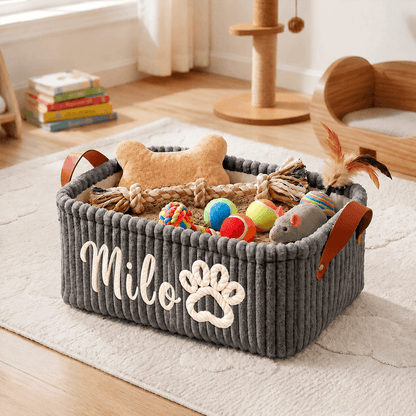 Crochet Corduroy Rope Basket, Custom Embroidered Effect Dog Toy Storage for Cozy Room, Unique Gift for Dog Mom