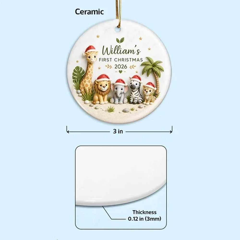 Personalized Ceramic Ornament, First Christmas Safari Animals, Unique Gift for New Parents and Baby