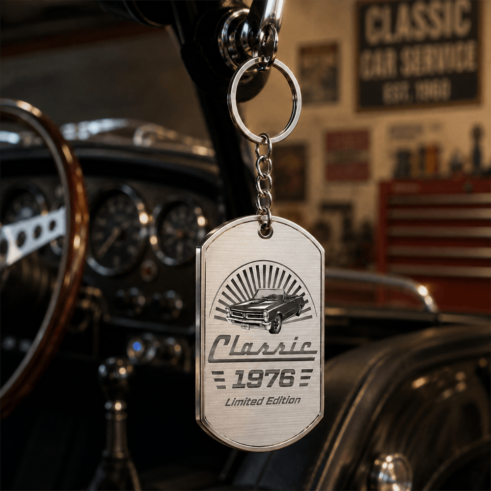 Personalized Metal Keychain with Vintage Classic Car, Monochrome Keepsake and Unique Gift for Car Enthusiasts