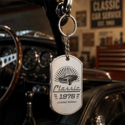 Personalized Metal Keychain with Vintage Classic Car, Monochrome Keepsake and Unique Gift for Car Enthusiasts